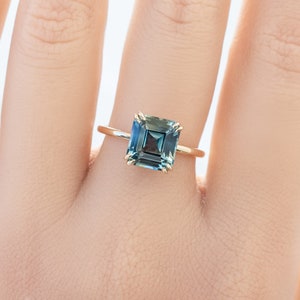 Asscher Cut Solitaire Engagement Ring, Asscher Cut Sapphire Ring, Simple Parti Blue Green Sapphire Ring, One of a kind 3ct engagement ring image 2