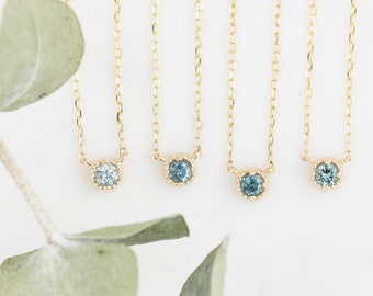 Montana sapphire solitaire necklace, Blue green sapphire necklace, Dainty Blue Round sapphire necklace September Birthstone Jewelry 14k gold