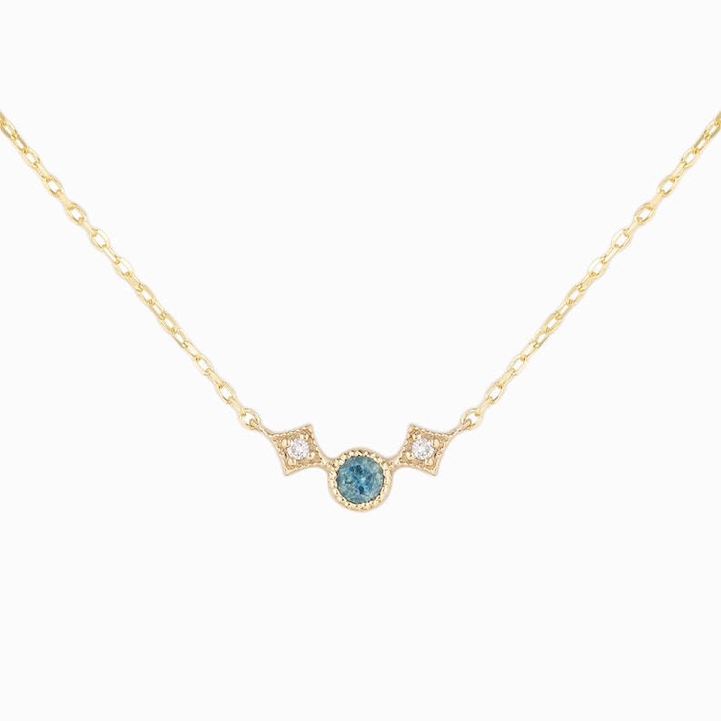 Three stone necklace solid 14k yellow gold, Montana sapphire & diamond necklace, Unique Montana Sapphire jewelry, three stone necklace Blue Green