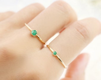 Solid 14k gold emerald solitaire ring, small emerald solitaire ring, May birthstone jewelry, emerald stack ring Rose Gold, White Gold