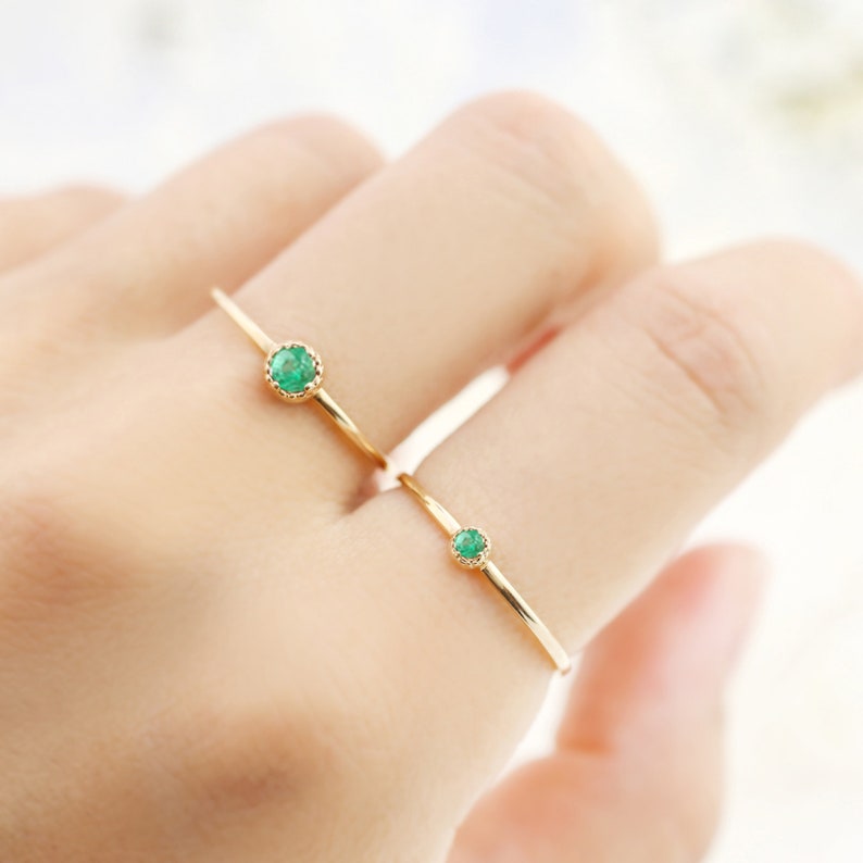 Solid 14k gold emerald solitaire ring, small emerald solitaire ring, May birthstone jewelry, emerald stack ring Rose Gold, White Gold image 1