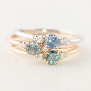 14k gold Montana Sapphire Engagement Ring, 4mm Teal Blue sapphire ring, Blue Green, Green Sapphire, 14k solid gold, Diamond three stone ring
