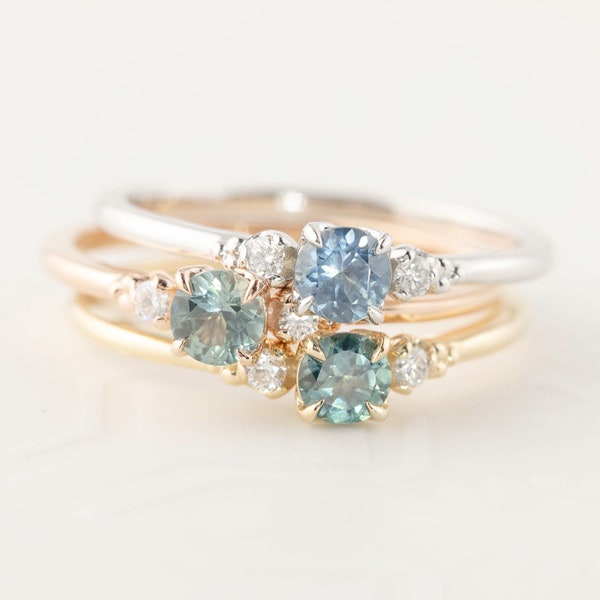14k gold Montana Sapphire Engagement Ring, 4mm Teal Blue sapphire ring, Blue Green, Green Sapphire, 14k solid gold, Diamond three stone ring