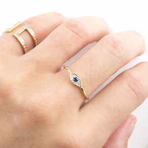 Evil eye ring, Eye ring, Evil eye stacking ring, 14k solid gold, rose gold, white gold, blue sapphire, white diamond, evil eye ring image 2