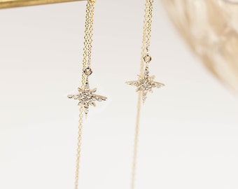 14k rose gold, yellow gold, white gold diamond cluster threader earrings, gold dangle earrings, diamond chain earrings, starburst earring