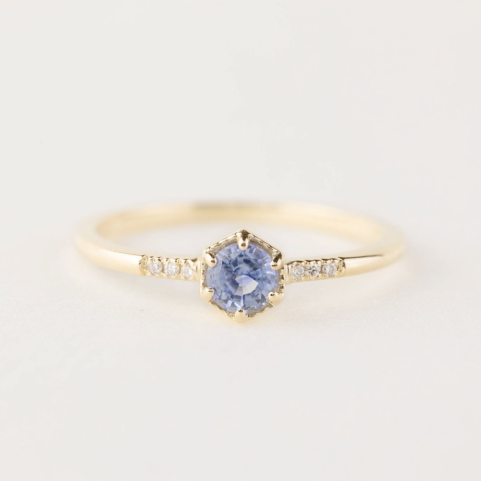 Hexagon ring with natural Ceylon blue sapphire, unique non-traditional Ceylon blue sapphire ring Alternative engagement ring 14k yellow gold