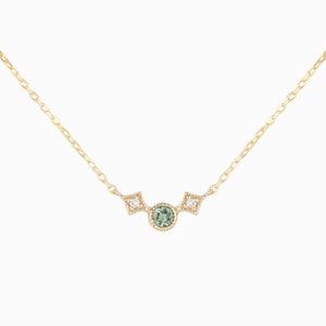 Three stone necklace solid 14k yellow gold, Montana sapphire & diamond necklace, Unique Montana Sapphire jewelry, three stone necklace Light Green
