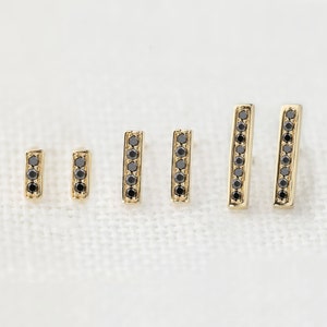 Black and White Diamond Bar Stud Earrings in 14k Solid Gold – Dainty Pave Studs in Yellow, White, or Rose Gold
