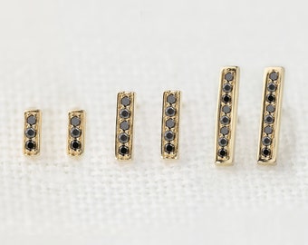 Black and White Diamond Bar Stud Earrings in 14k Solid Gold – Dainty Pave Studs in Yellow, White, or Rose Gold