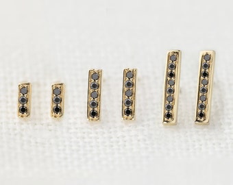 Black diamond 14k solid gold bar stud earrings, black diamond pave bar studs yellow gold, white gold, rose gold dainty black diamond studs