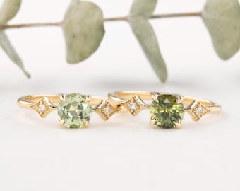 14k gold Montana Sapphire Engagement Ring, Round Green sapphire ring, Vintage inspired ring, 14k solid gold, Diamond three stone ring