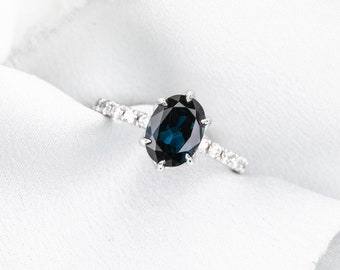 Large blue 2ct sapphire diamond ring, oval teal blue sapphire engagement ring, oval Queensland sapphire ring, diamond pave platinum band