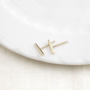 14k solid gold bar stud earrings, dainty bar stud earring, tiny bar studs earrings, mini bar, round bar, solid gold, rose gold, white gold image 2