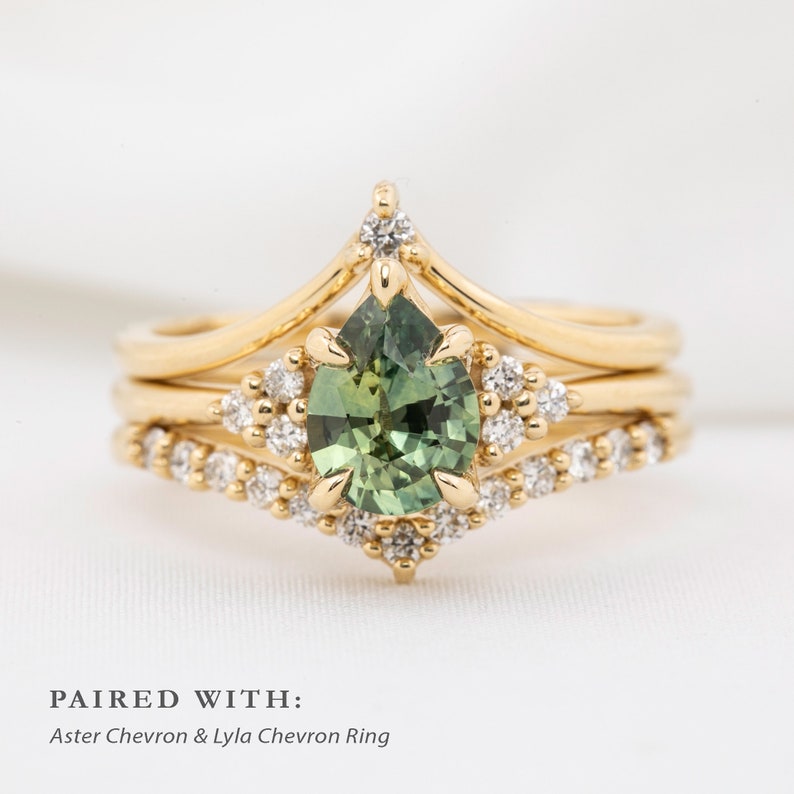 One of a kind Montana Sapphire Ring, green sapphire diamond cluster ring, Vintage inspired green pear cut sapphire engagement ring, 14k gold image 6