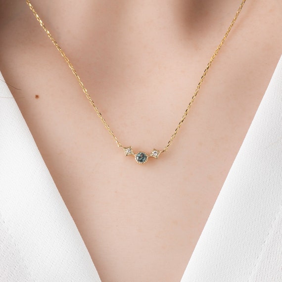 Three Stone Necklace Solid 14k Yellow Gold Montana Sapphire