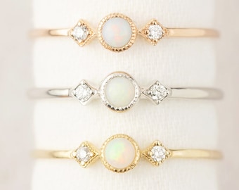 SALE | Size 4.5, Size 4.24, White opal ring 14k white gold, natural dainty opal, three stone ring, October birthstone