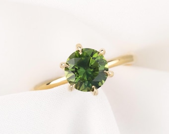 2ct Round Green Sapphire Ring, Simple Unheated Green Sapphire  Solitaire Ring, Montana Sapphire engagement ring, Blue Green Sapphire Ring
