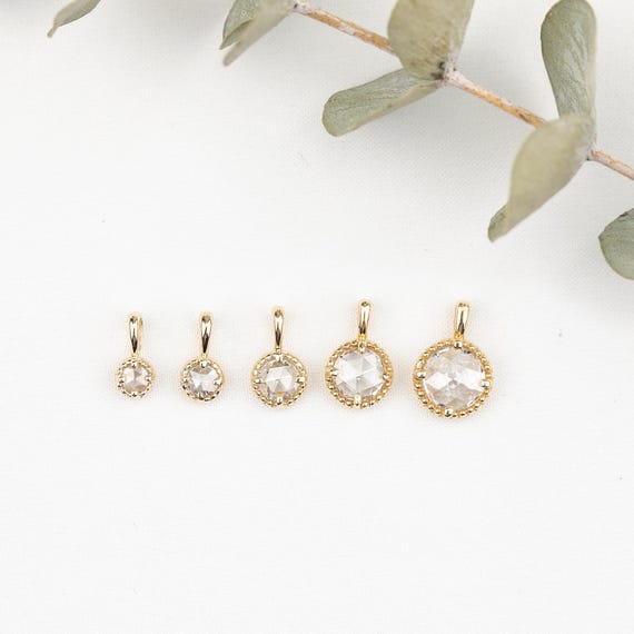 Natural rose cut diamond charm, 14k round diamond pendant, Simple solitaire necklace