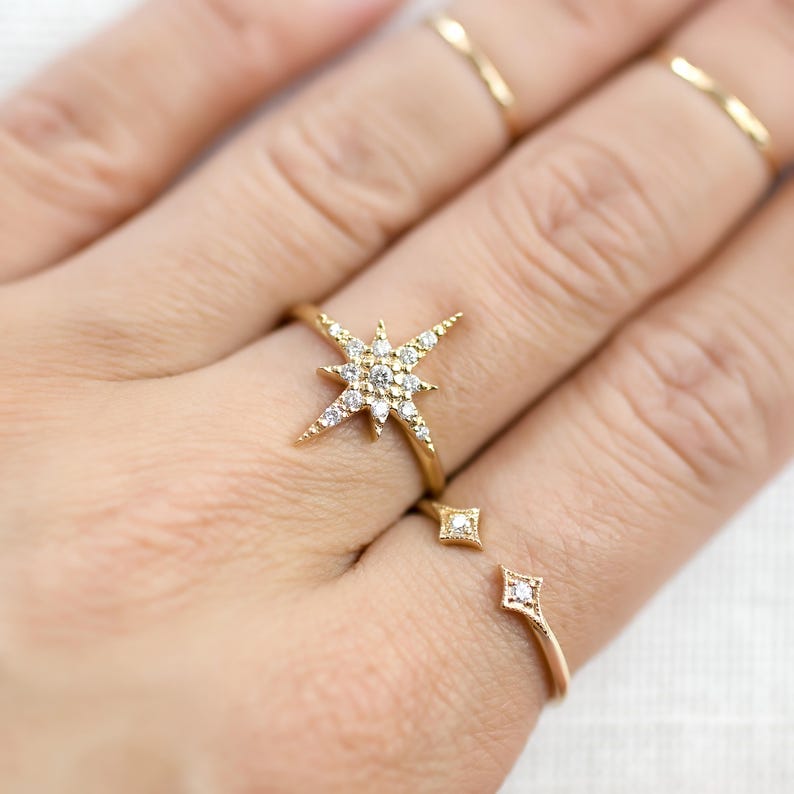 Starburst cluster diamonds ring set in solid 14k gold, pave diamond star stacking ring set, dainty statement ring, gold diamond star ring, image 3