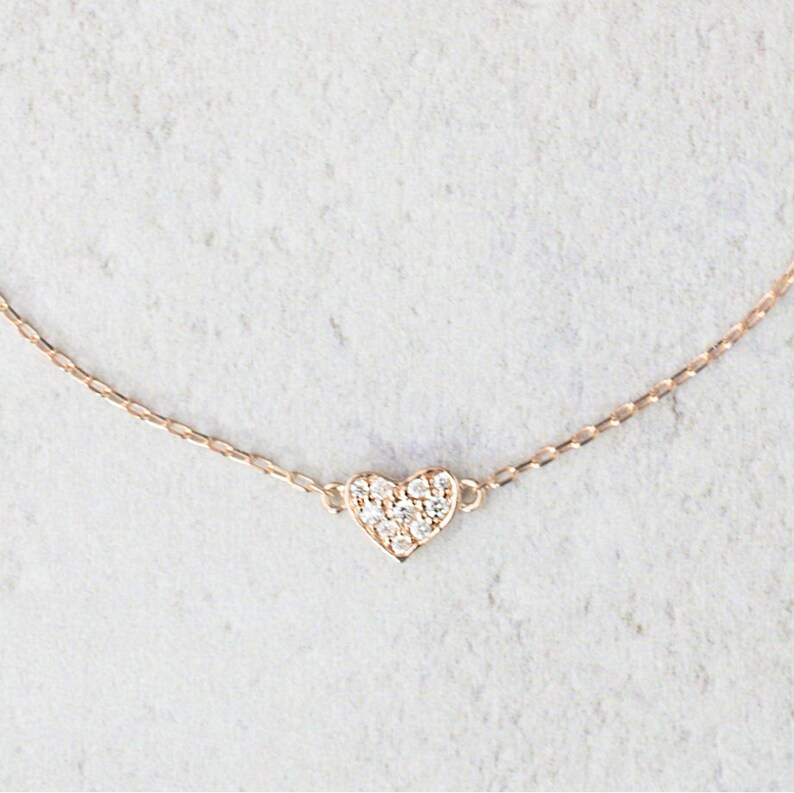 Diamond Heart Pave Bracelet, 14k solid gold, rose gold, white gold heart bracelet, diamond heart bracelet, dainty heart valentines gift image 4