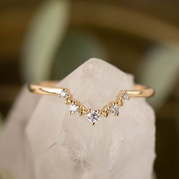 Dainty diamond nesting ring, Curved shape wedding band, unique delicate  dainty wedding ring, 14k gold, rose gold, white gold