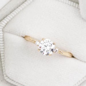 GIA certified natural diamond engagement ring, round diamond engagement ring, Vintage inspired three stone ring, elevated, flower setting