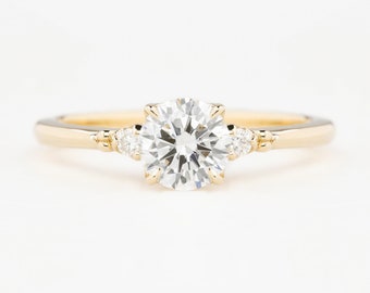 Round Lab diamond engagement ring, IGI certified diamond engagement ring, Vintage inspired three stone engagement ring, unique diamond ring