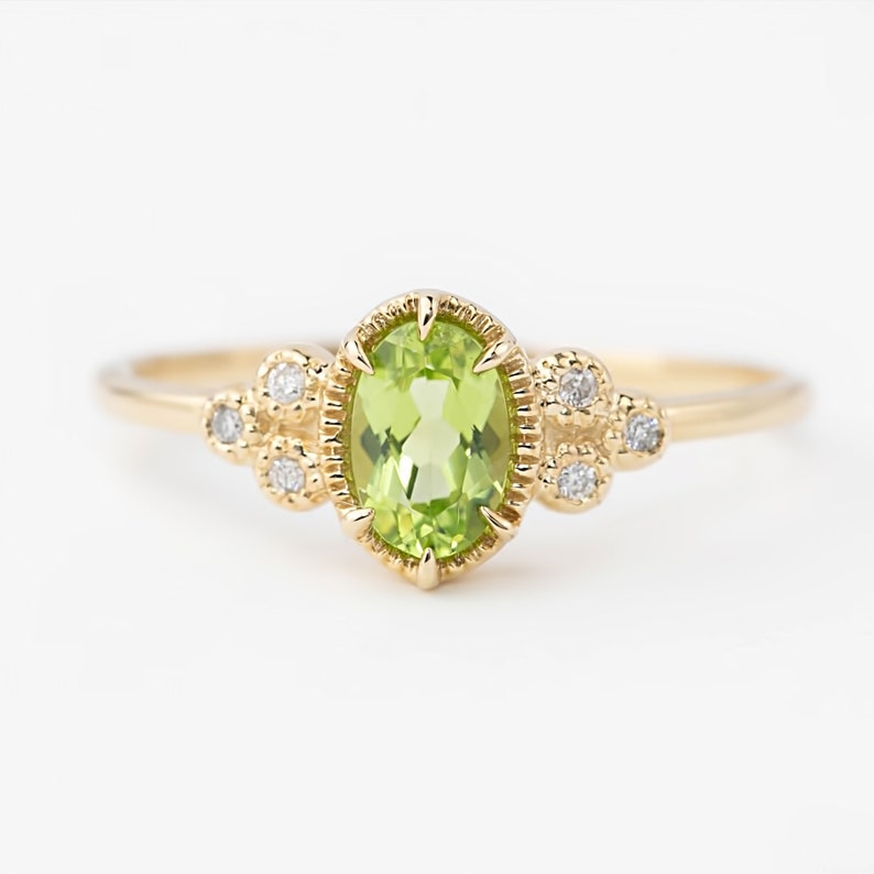 Peridot diamond engagement ring, 14k yellow gold, August birthstone peridot ring, unique alternative peridot engagement ring, Oval peridot image 1