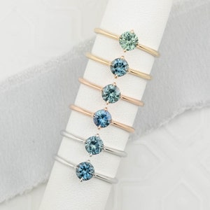 Round Montana Sapphire Ring, Solitaire Flower Setting, Green-Blue Sapphire engagement ring, simple engagement ring, unique dainty ring stack