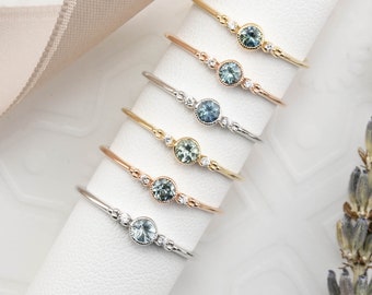 Dainty Sapphire Engagement Ring, 3 stone Montana sapphire ring, 14k Gold