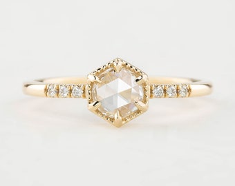 Round Diamond Engagement ring, Unique hexagon diamond engagement ring, 14k gold engagement ring, Dainty Pave Band Diamond Engagement ring