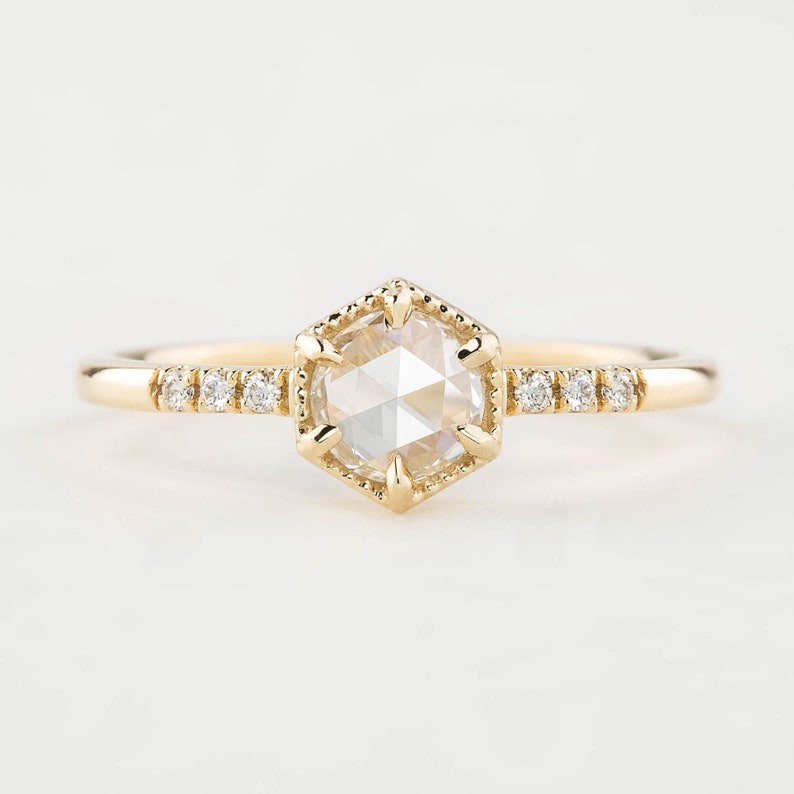 Round Diamond Engagement ring, Unique hexagon diamond engagement ring, 14k gold engagement ring, Dainty Pave Band Diamond Engagement ring image 1