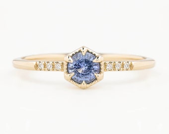 Hexagon ring with natural Ceylon blue sapphire, unique non-traditional Ceylon blue sapphire ring Alternative engagement ring 14k yellow gold