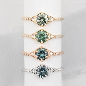 Round Blue Green Montana Sapphire Engagement Ring, Vintage feel engagement ring, Unique sapphire engagement ring, hexagon engagement ring