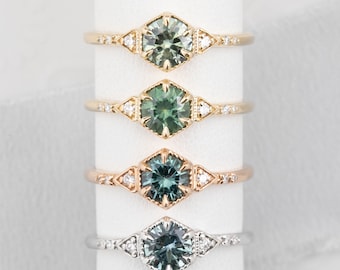 Round Blue Green Montana Sapphire Engagement Ring, Vintage feel engagement ring, Unique sapphire engagement ring, hexagon engagement ring