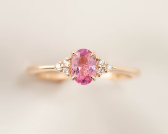 Rosa turmalindiamantring, oval rosa turmalindiamantring, unik förlovningsring, alla hjärtans dag-present, oktobers födelsesten