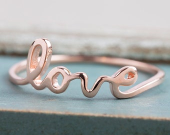 Love ring, script love ring, Solid 14k gold, rose gold, white gold, yellow gold, promise love ring, dainty love ring, size 7, ready ship