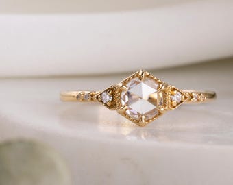 Anel de noivado com diamante lapidação rosa de 0,45 ct, estilo vintage, diamante natural de origem ética, ouro 14k.
