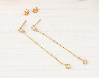 Star diamond dangle earrings, 14K Rose Gold, diamond drop earrings, long chain earrings, diamond drop chain stud earrings, wedding jewelry