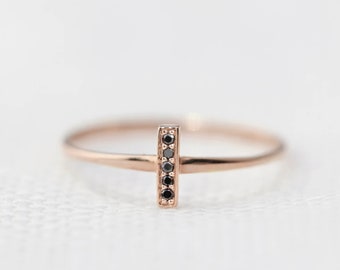 SALE | Size 7.5 Black diamond pave bar ring, 14k rose gold, minimalist stack ring, black diamond bar ring, dainty geometric ring