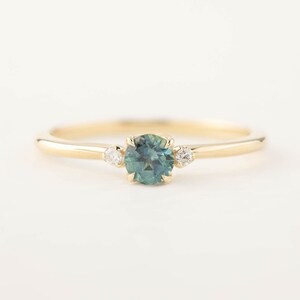 Light blue green sapphire ring, light blue green sapphire engagement ring, Three stone engagement ring, Aqua blue sapphire ring, 14k gold