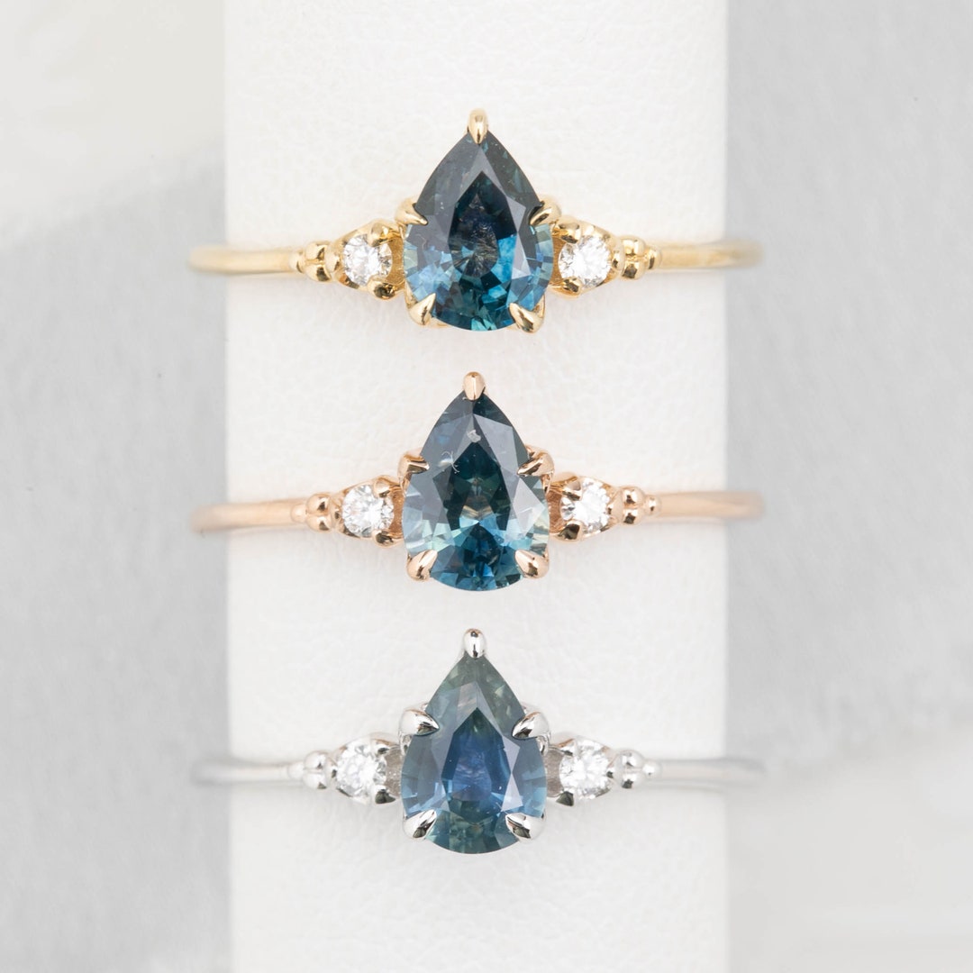 Pear Cut Blue Montana Sapphire Ring 14k Gold, Unique Three Stone Ring ...