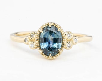 Oval Montana sapphire diamond cluster ring, oval teal blue sapphire engagement ring, 14k yellow gold, unique Blue Montana sapphire ring