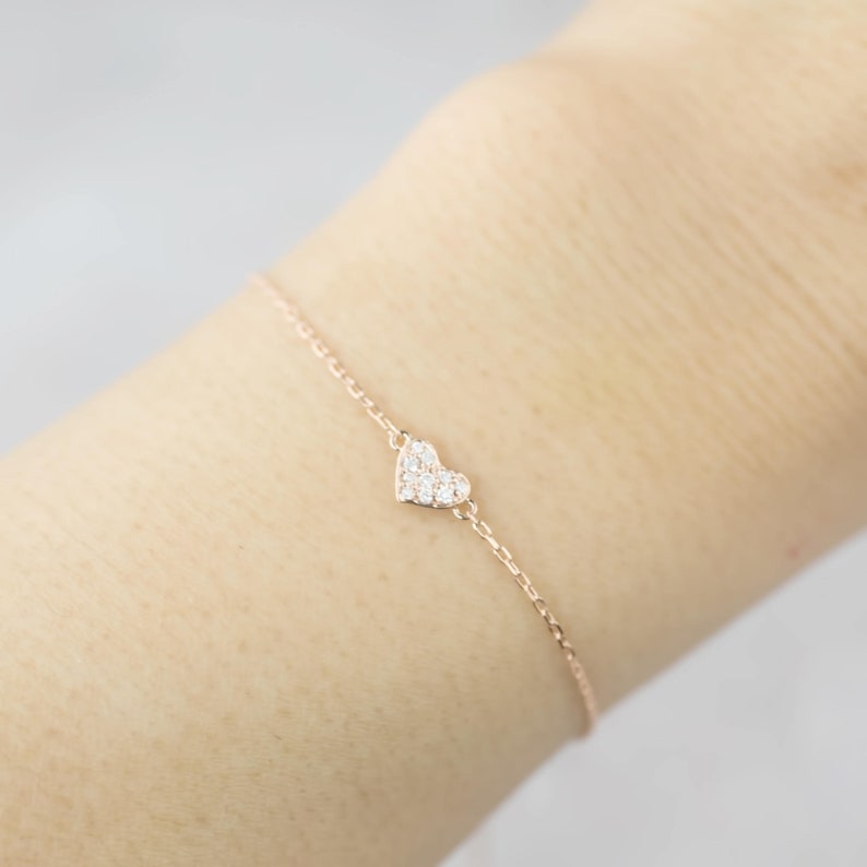 Diamond Heart Pave Bracelet, 14k solid gold, rose gold, white gold heart bracelet, diamond heart bracelet, dainty heart valentines gift image 2
