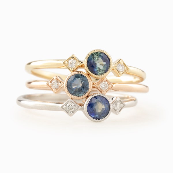 0.30ct Queensland Sapphire Moon & Star Ring, Three stone ring, Alternative engagement ring, Teal blue sapphire ring, Recycled solid 14k gold