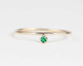 Tiny emerald solitaire ring, 14k yellow gold stack ring, simple dainty emerald ring, emerald white gold ring, rose gold, May birthstone