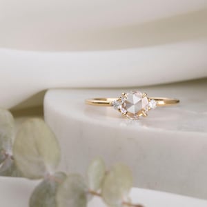 Natural rose-cut diamond engagement ring, Three stone diamond engagement ring, unique round diamond engagement ring, solid 14k gold
