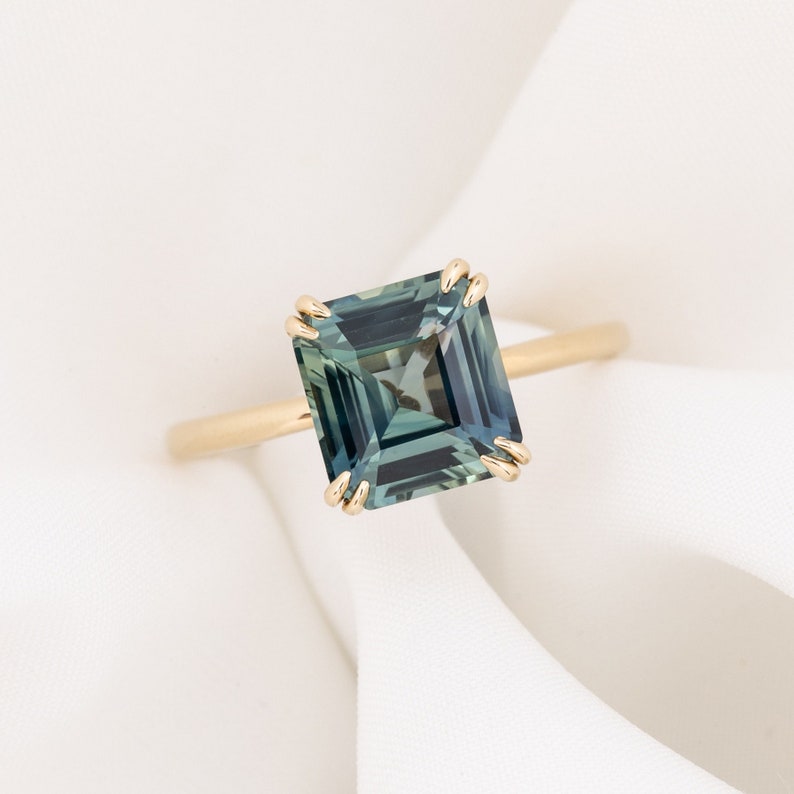 Asscher Cut Solitaire Engagement Ring, Asscher Cut Sapphire Ring, Simple Parti Blue Green Sapphire Ring, One of a kind 3ct engagement ring image 1