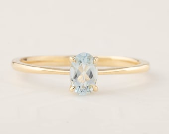 Aquamarine Solitaire Ring, 14k solid gold, Oval Aquamarine ring, Simple, Minimalist, Dainty Aquamarine engagement ring March birthstone ring