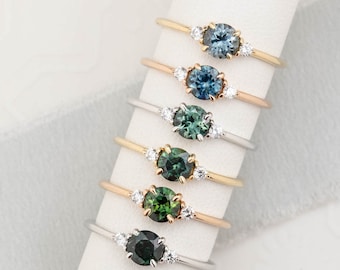 14k Gold Round Sapphire Ring, Three Stone Green-Blue Sapphire, Diamond Accents